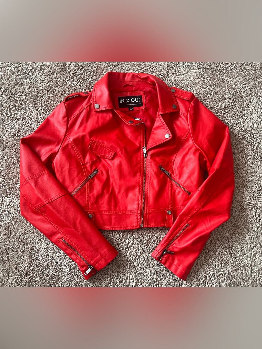 IN•X•OUT Red Faux Leather Cropped Biker Jacket